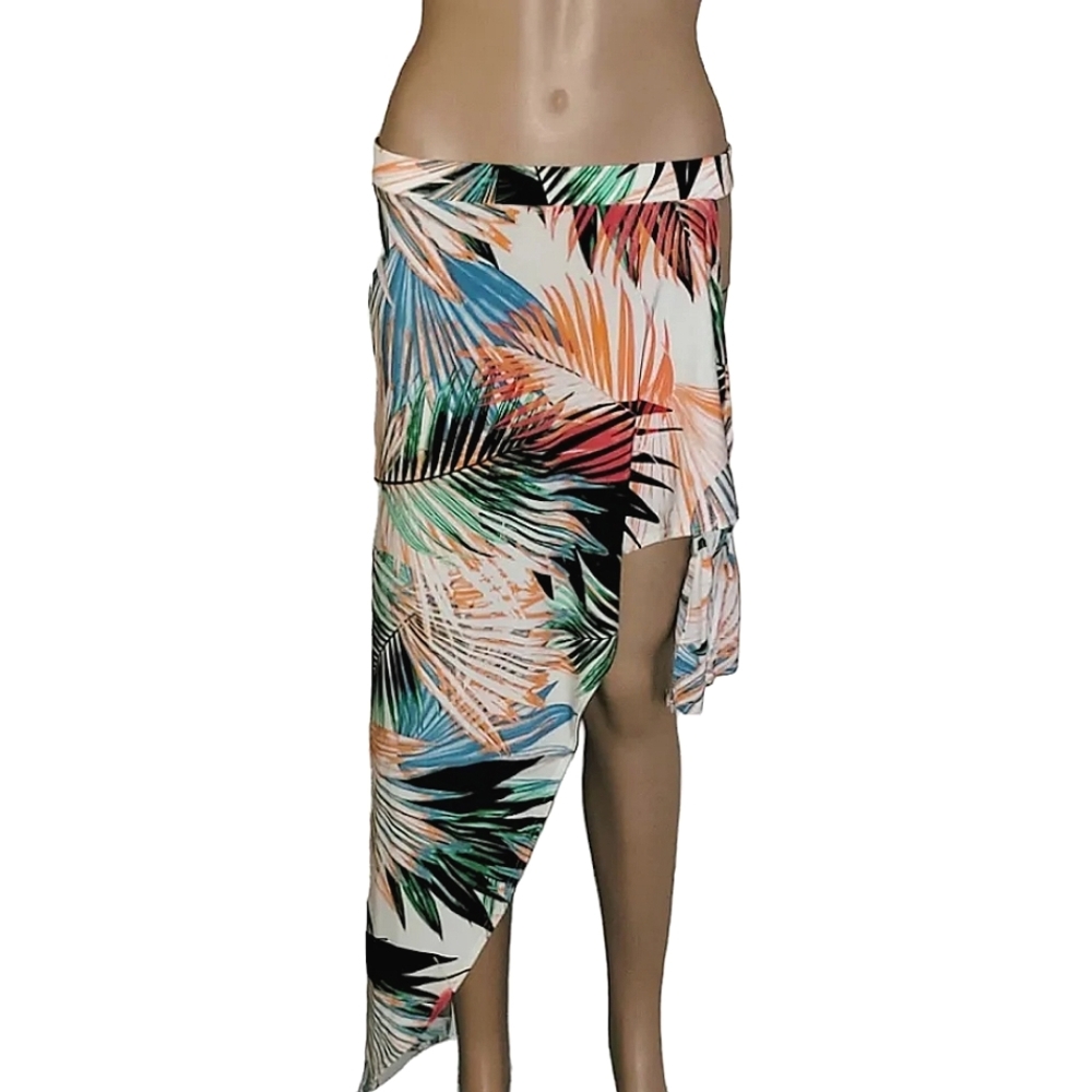 Tropical asymmetrical cover-up skirt with side tie details.